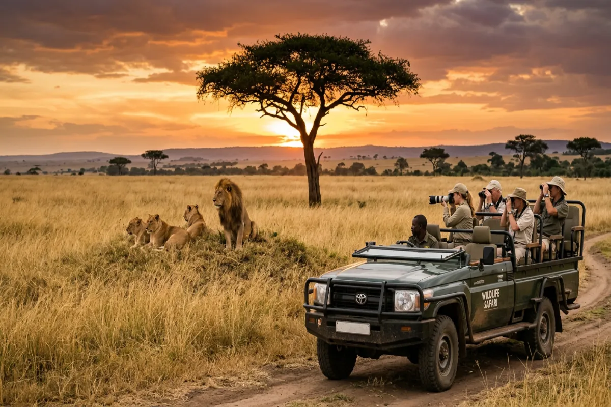 African safari jeep watching lions - safari guide