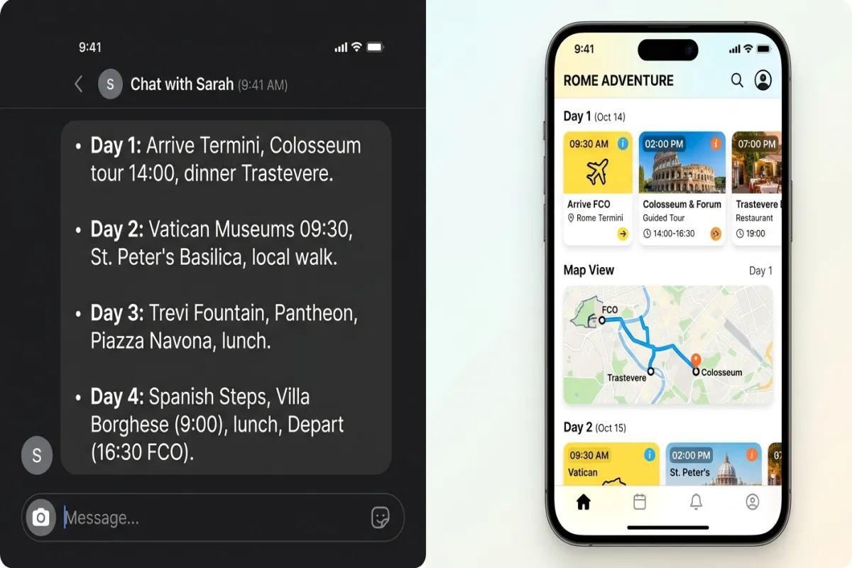 ChatGPT travel plan text compared to Yopki visual calendar itinerary