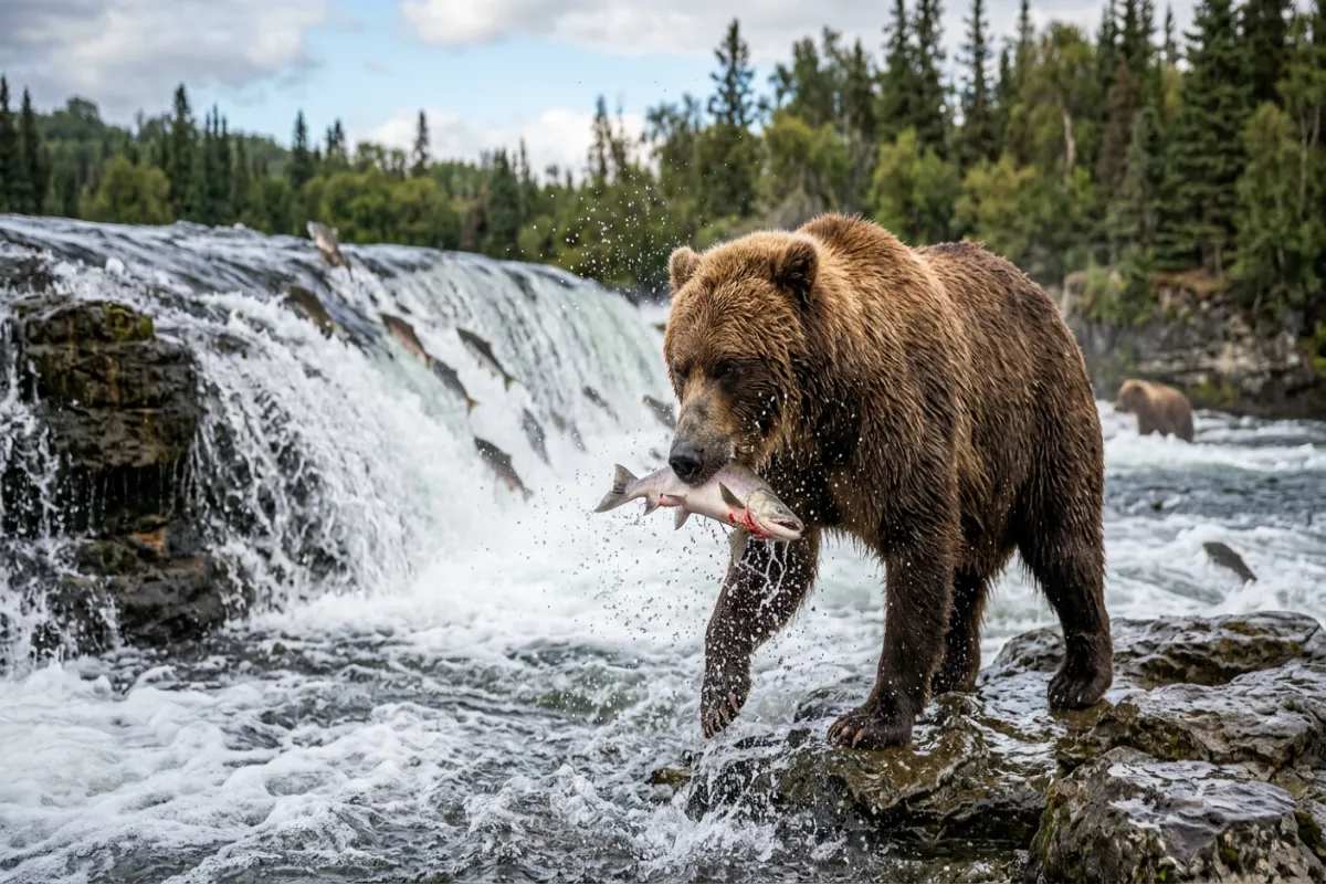 Alaska grizzly bear catching salmon - wildlife viewing