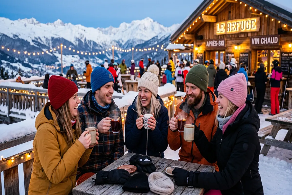 Apres-ski drinks on mountain terrace - ski culture
