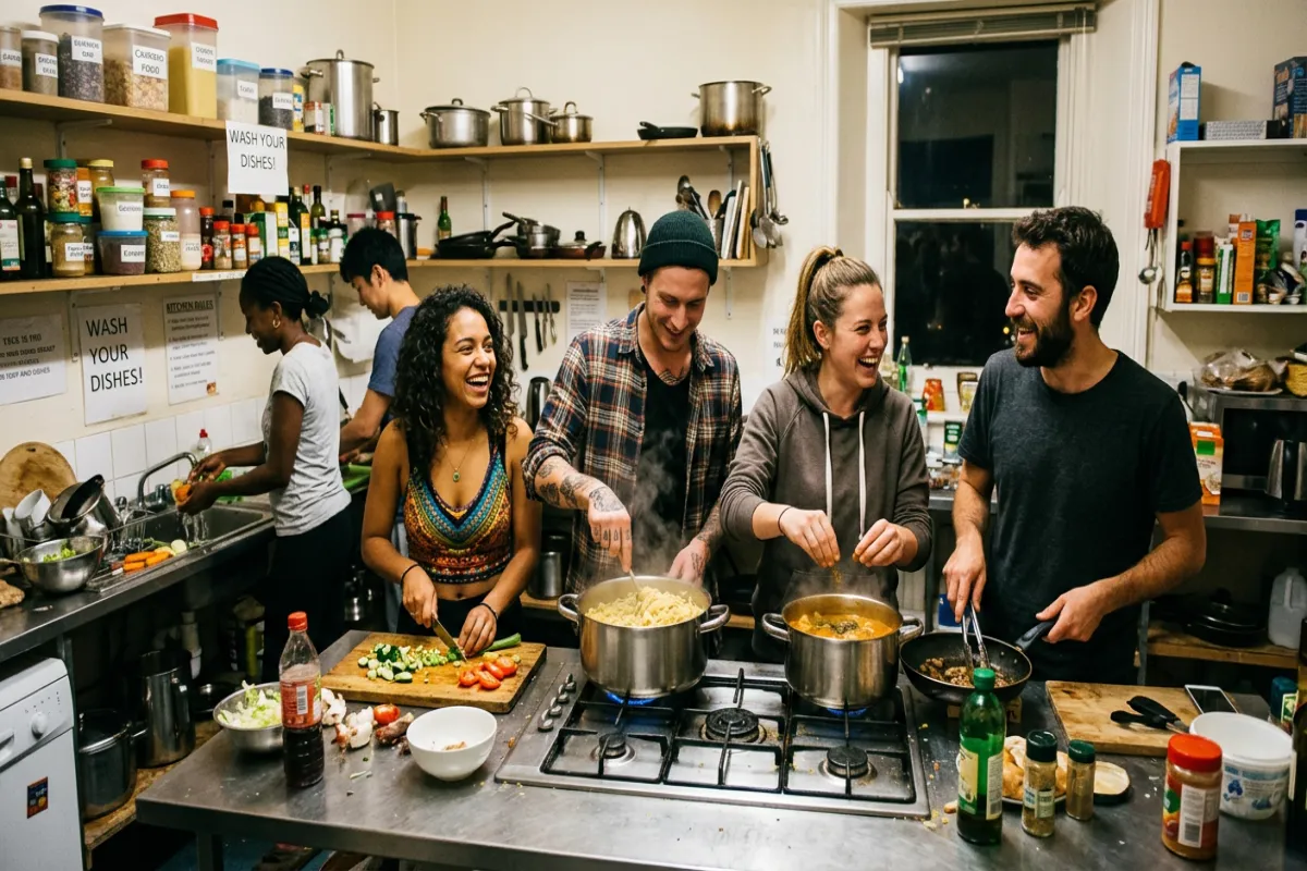 Backpackers cooking in hostel kitchen - meeting people on the road