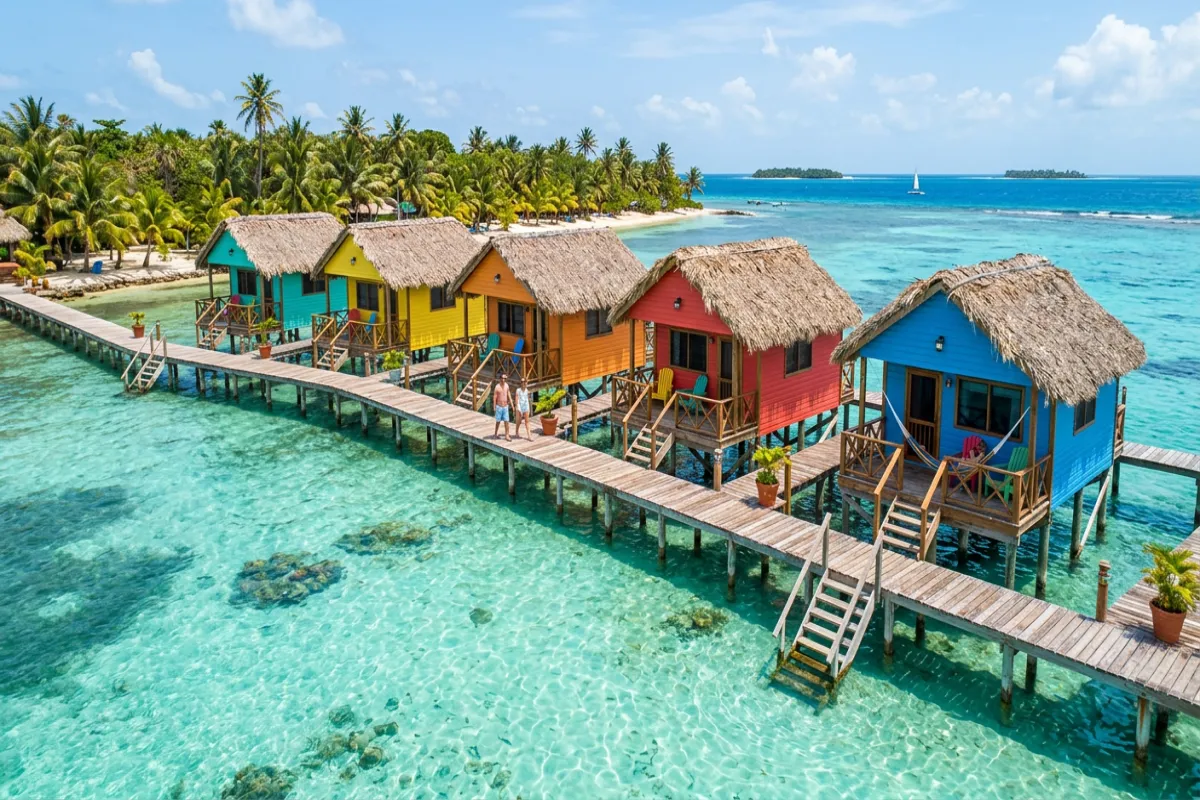 Where to stay in Belize - colorful overwater cabanas
