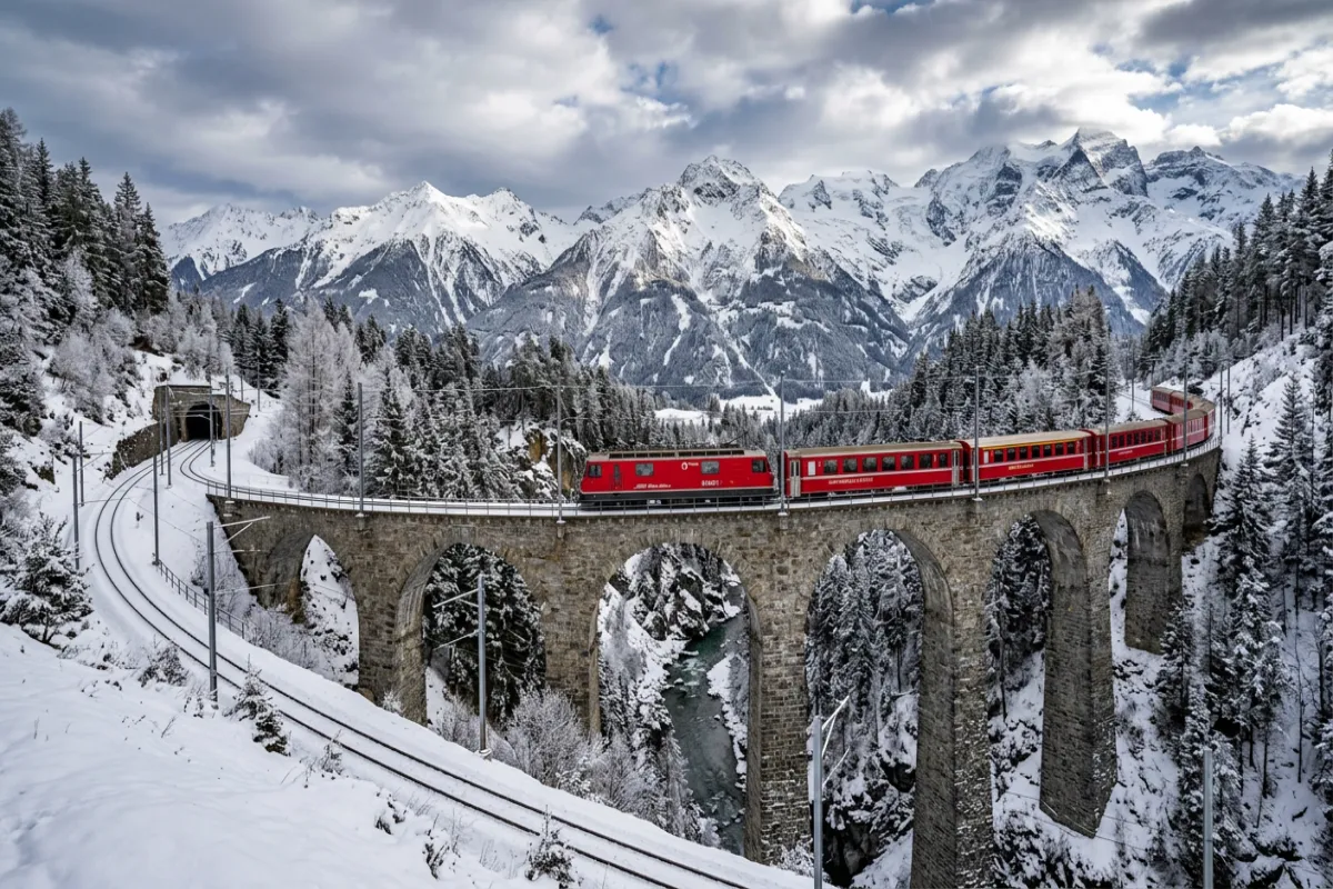 Bernina Express crossing Swiss Alps viaduct - scenic trains