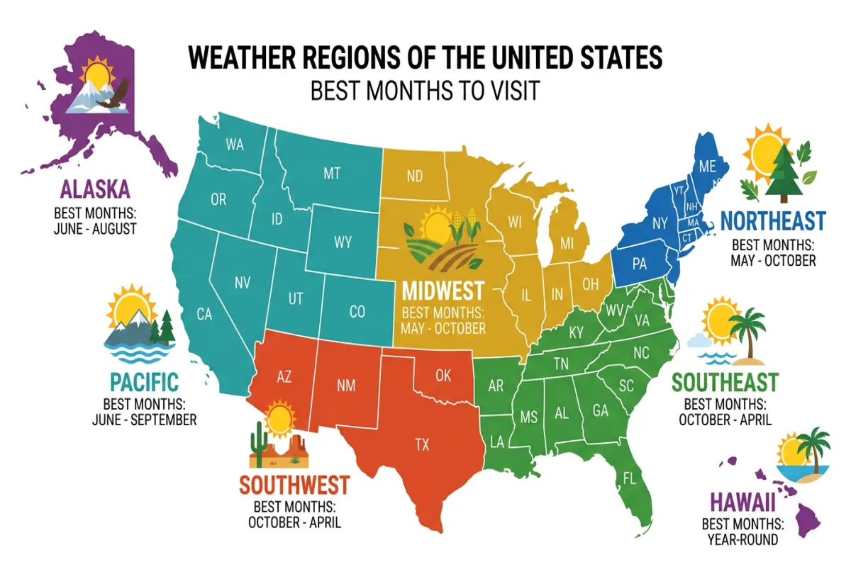 USA travel regions map showing best seasons