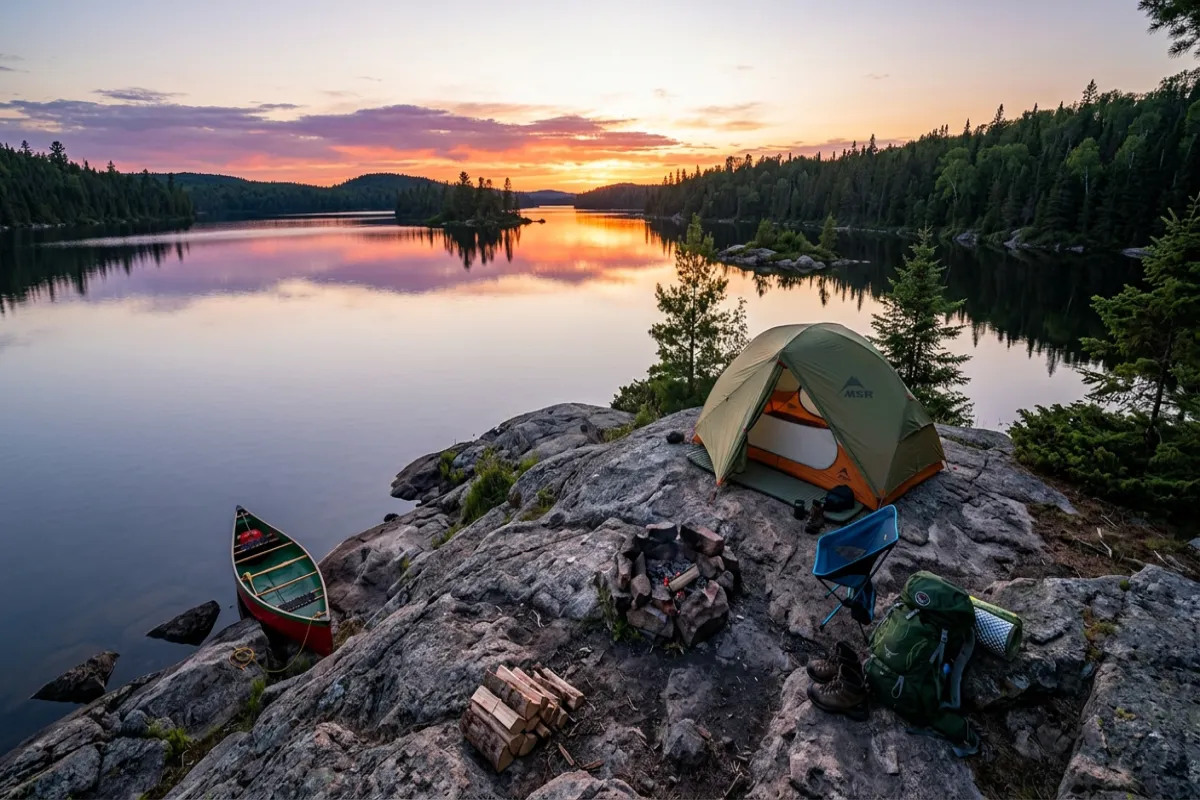 Where to stay in the Boundary Waters - lakeside campsite at sunset