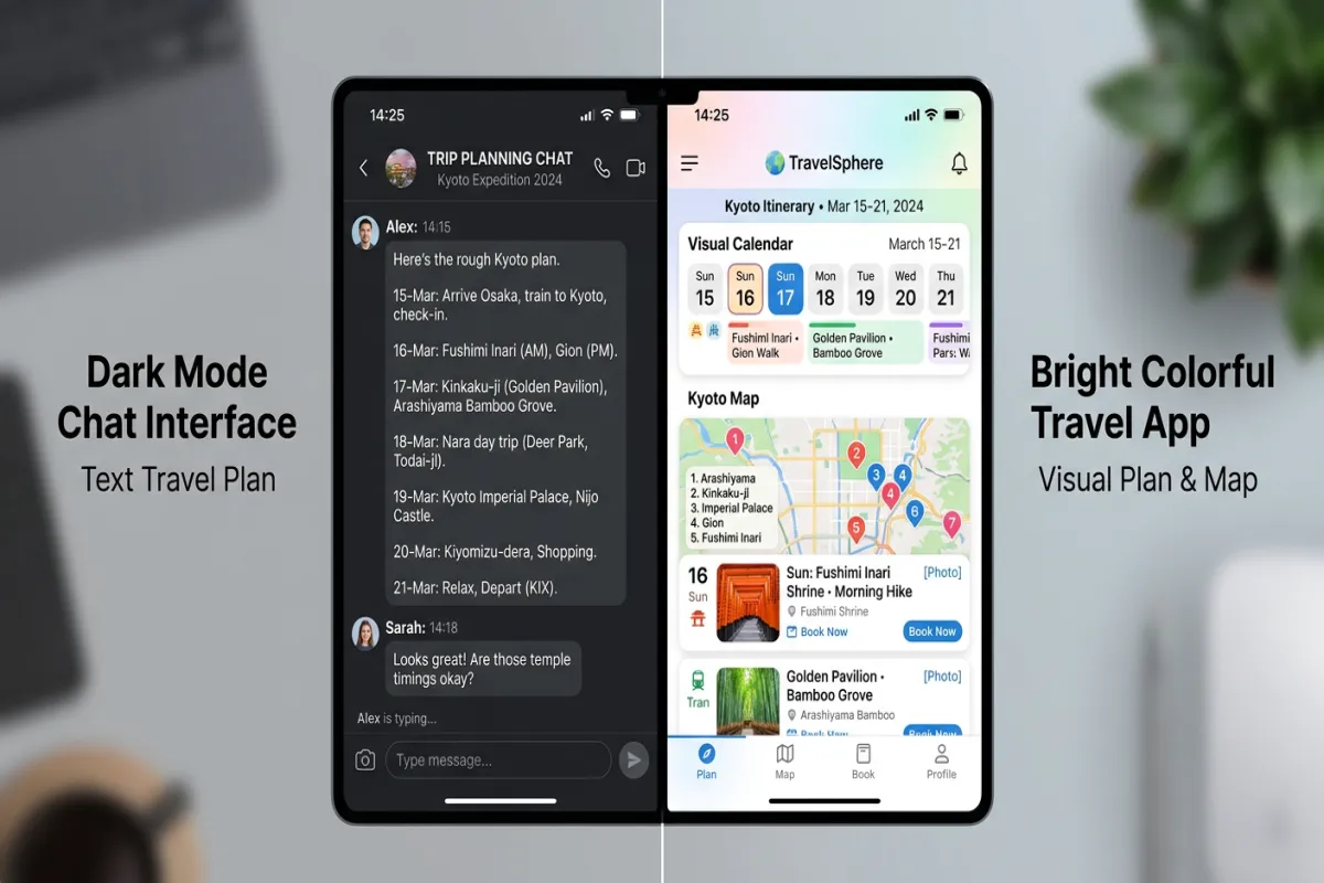 ChatGPT text plan compared to visual travel planning app