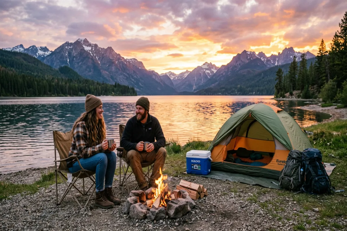 Cheap vacation idea showing couple at affordable lakeside camping