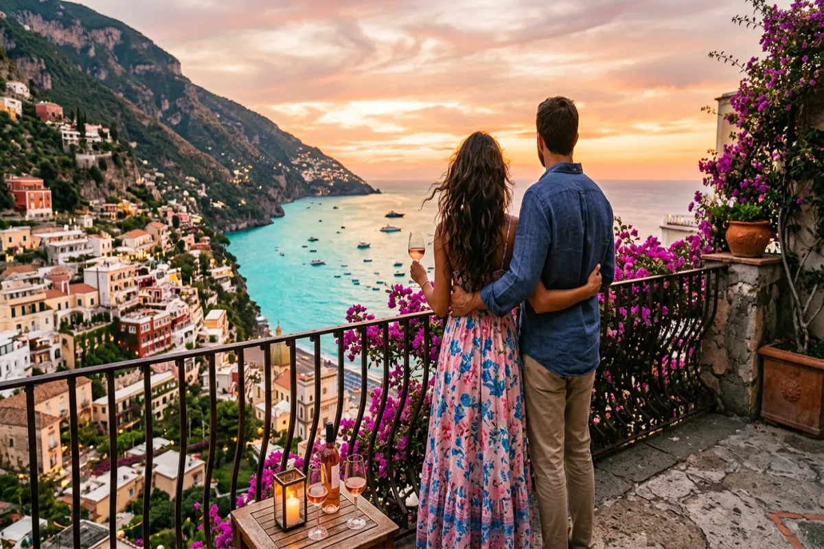 Couple enjoying romantic getaway at Mediterranean sunset