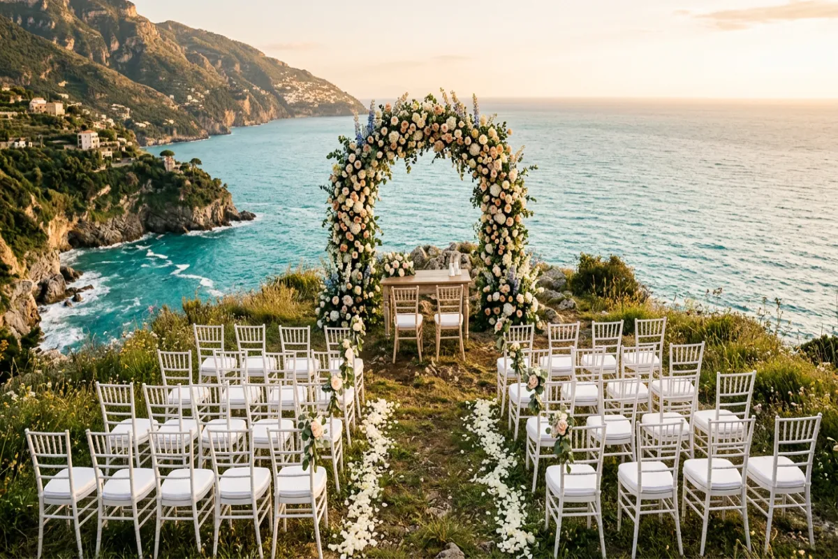 Destination wedding ceremony setup on ocean cliff