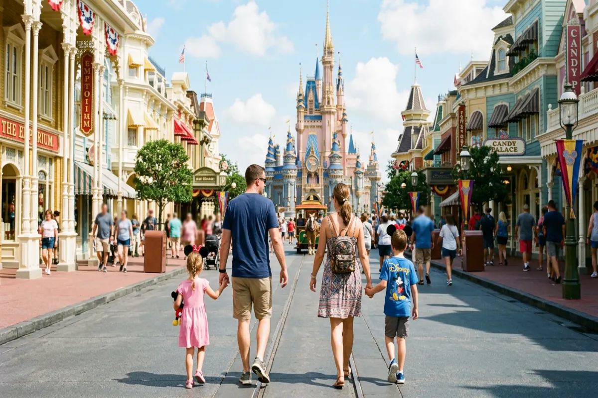 Family planning Disney vacation walking toward castle