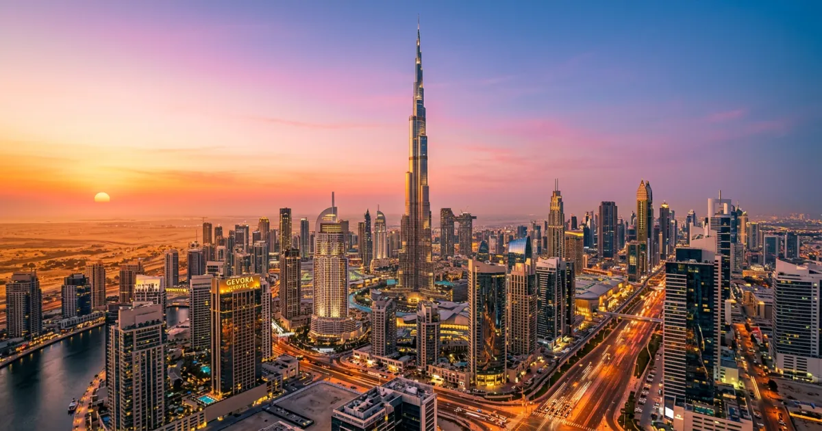 dubai skyline burj khalifa sunset.webp