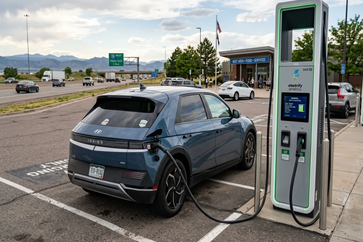 EV charging at highway fast charger - electric vehicle road trip