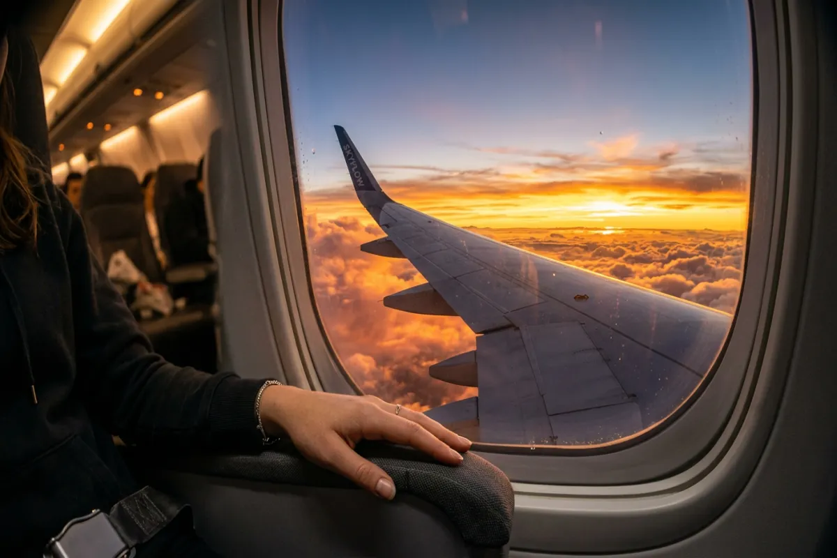 First time flying view from airplane window at golden hour