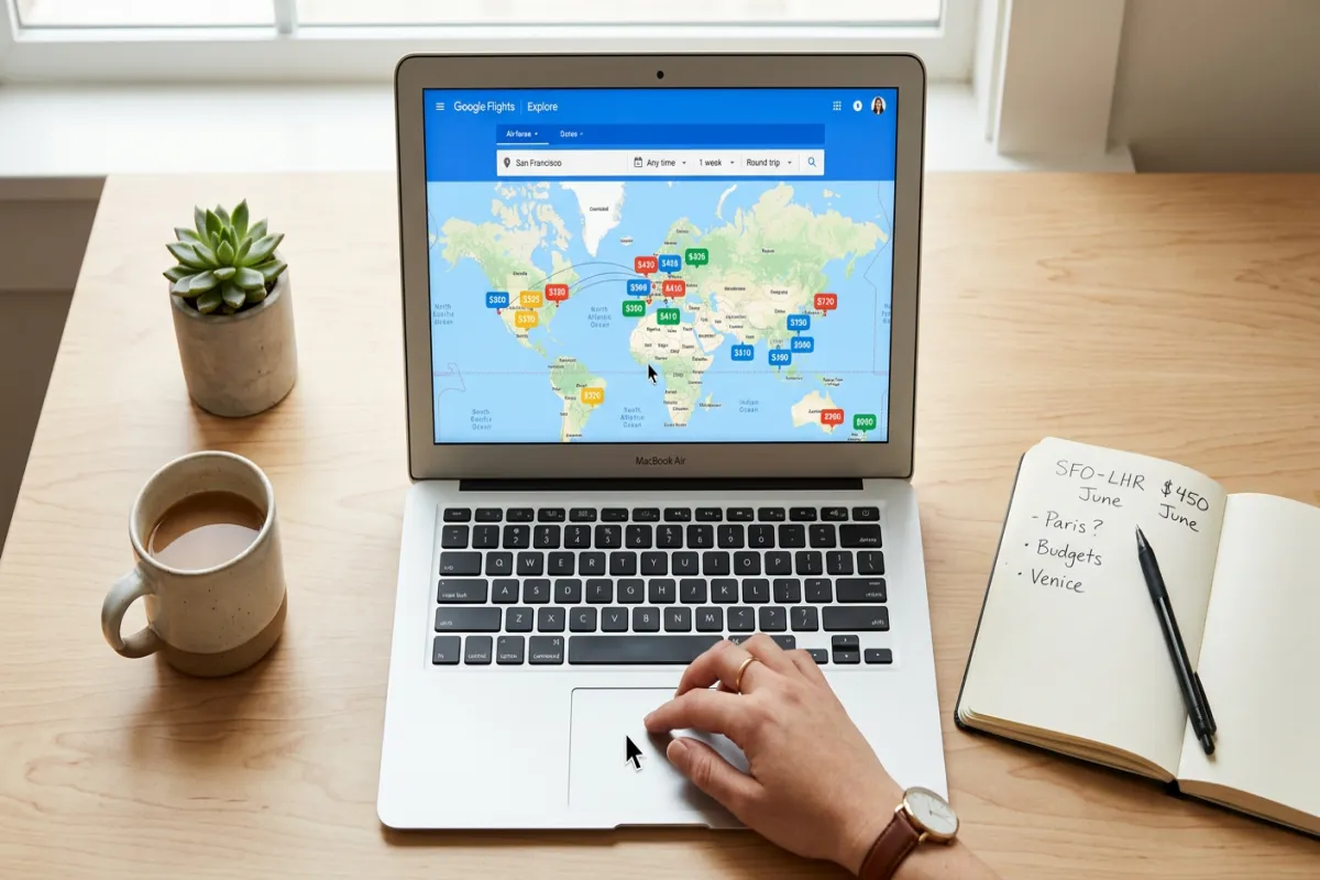 Google Flights explore map showing flight prices to destinations