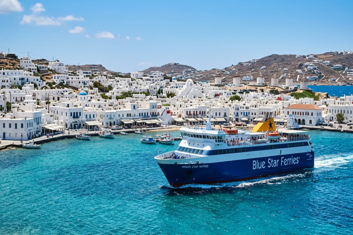 Greek island ferry approaching Cyclades - island hopping guide