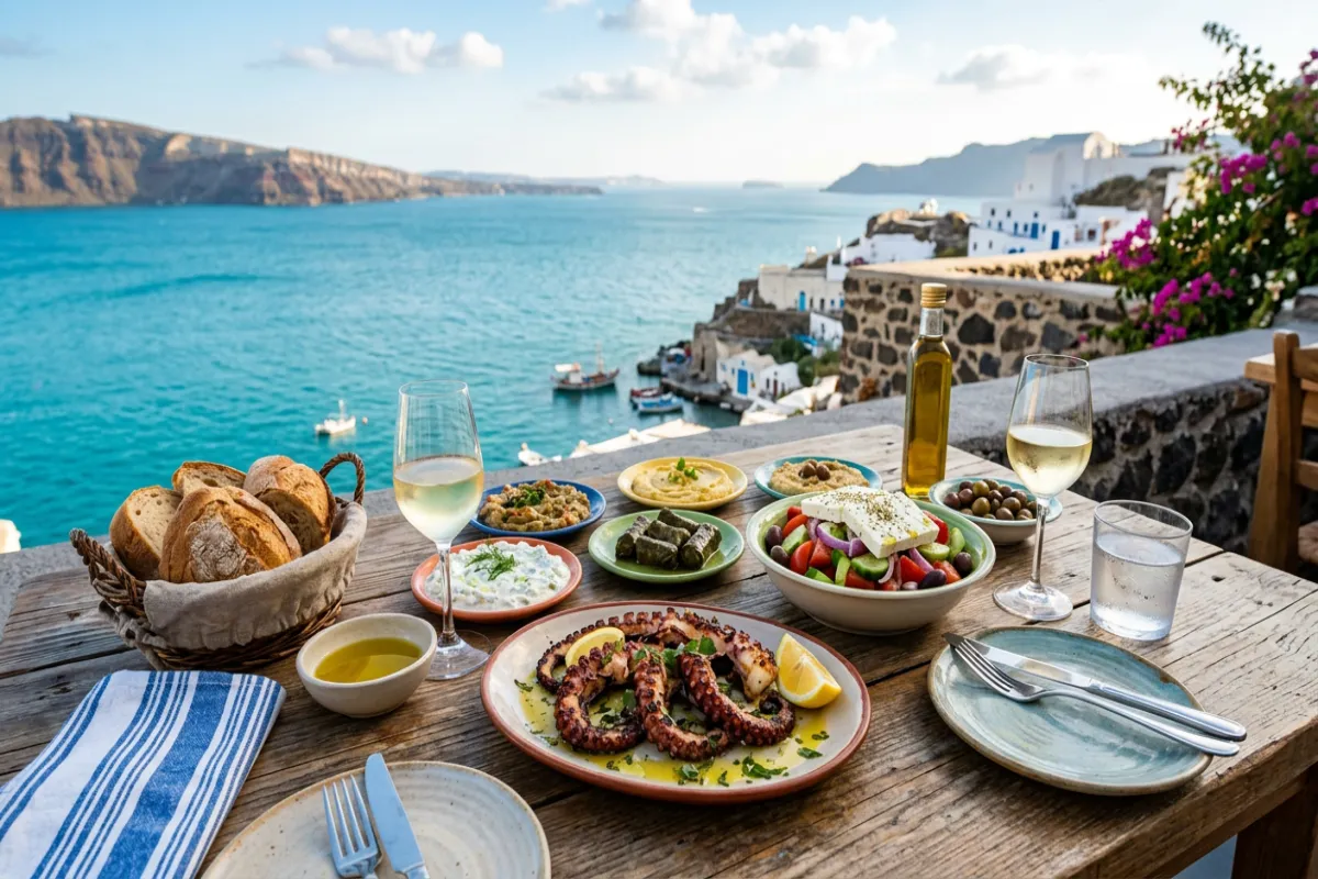Greek mezze spread with sea view - food in Greece