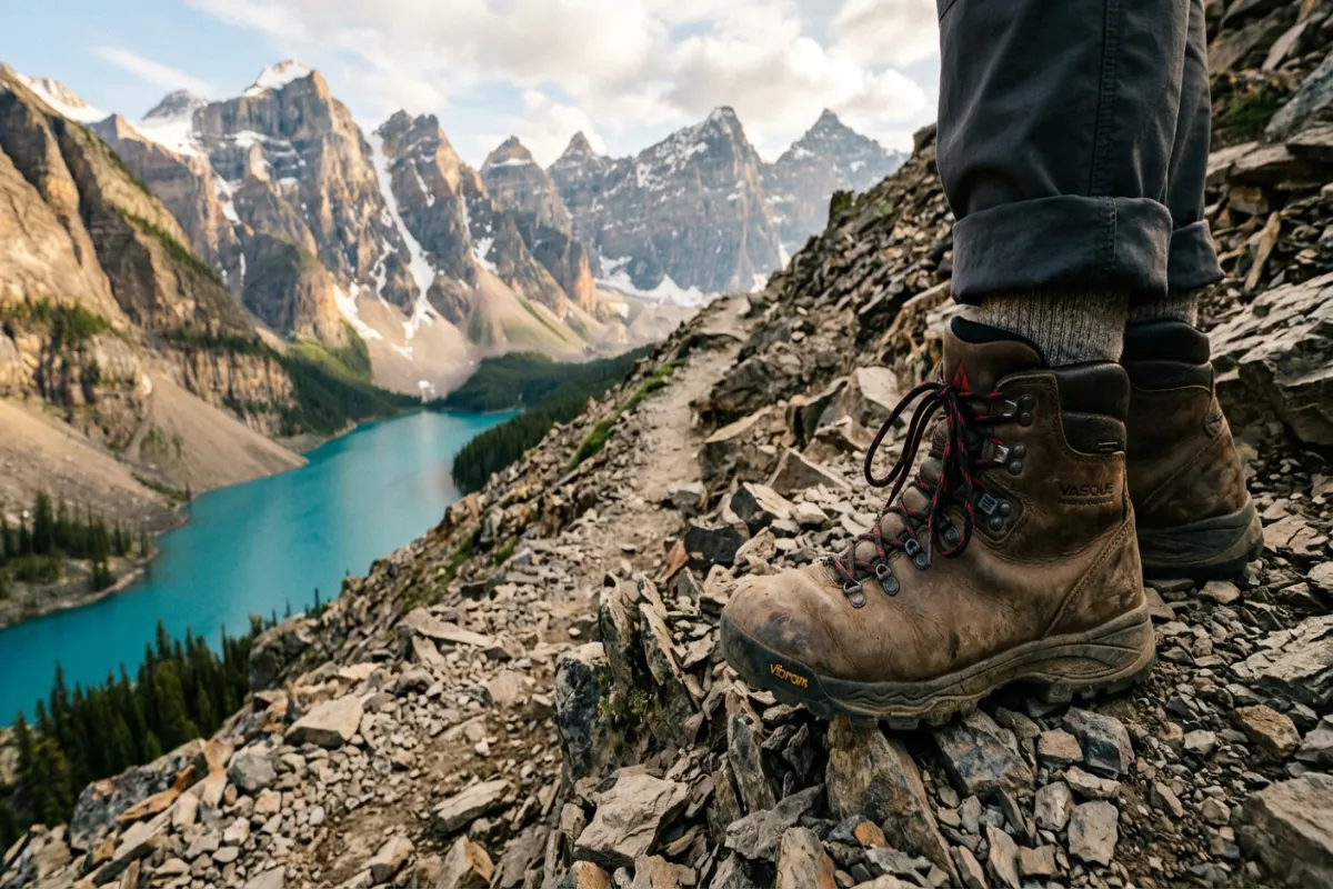 Hiking boots on mountain trail - essential hiking gear