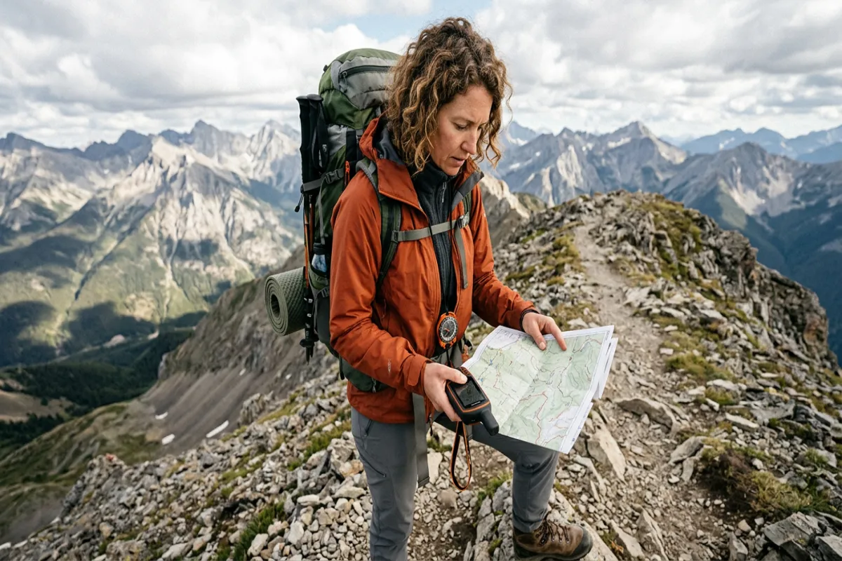 Hiker checking trail map - hiking safety and navigation
