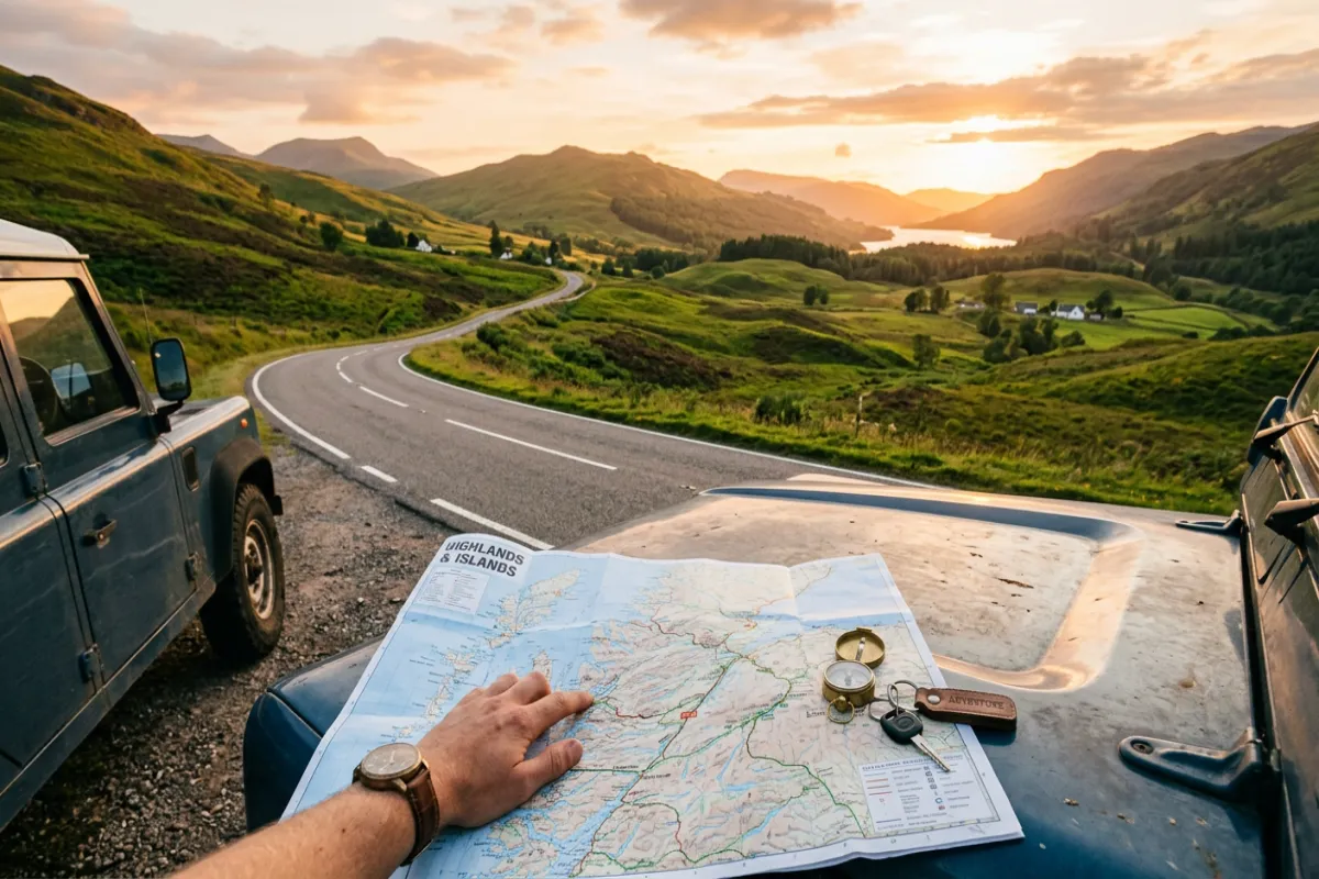 Road trip planning with map on car hood and scenic highway