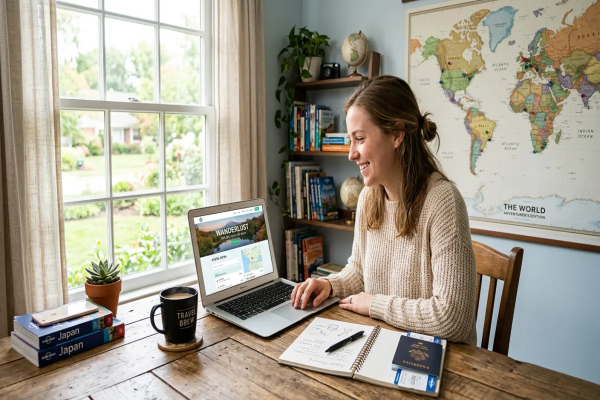 Planning a trip with laptop map and travel notebook