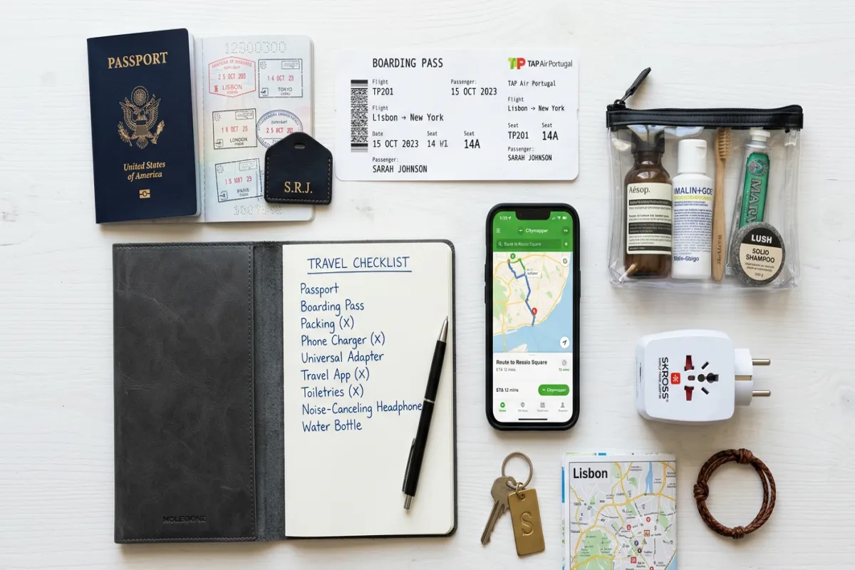International travel checklist items neatly arranged