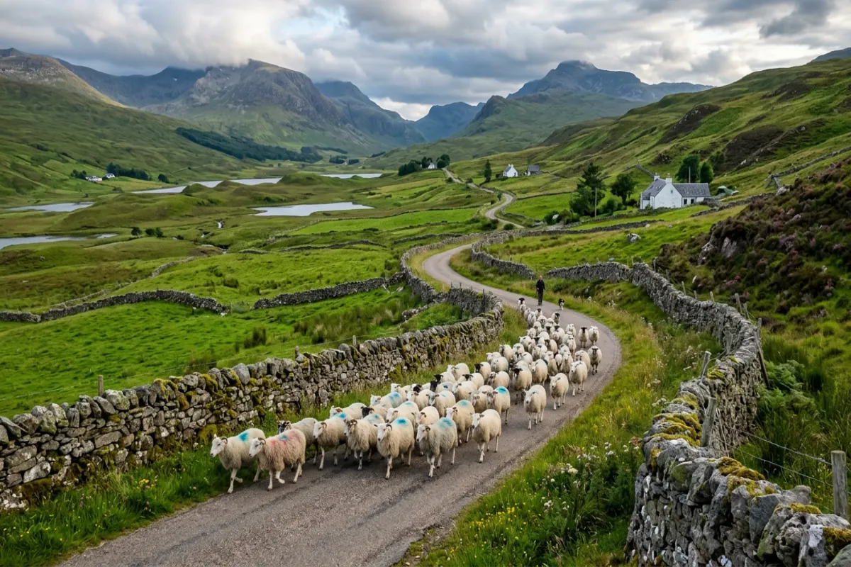 Sheep on countryside road - Ireland and Scotland road trip
