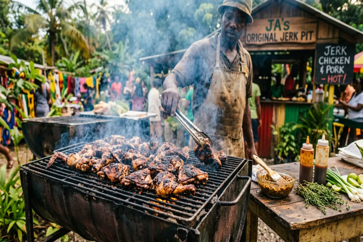 Jamaican jerk chicken grilling - food in Jamaica