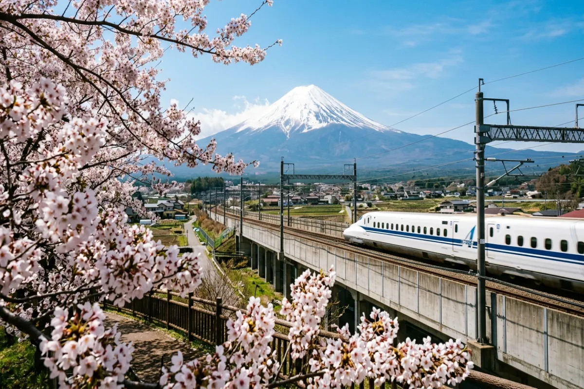 Shinkansen bullet train with Mount Fuji - getting around Japan
