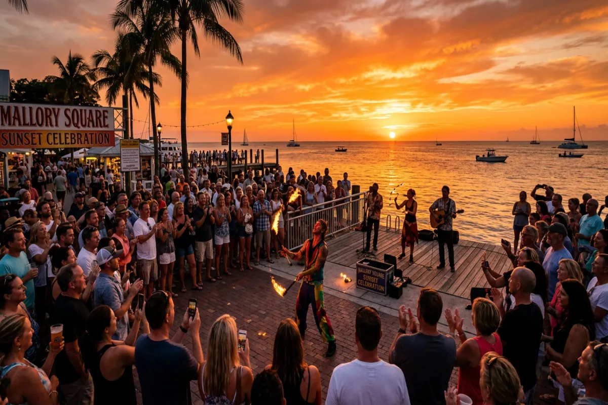 Key West itinerary highlight - sunset celebration at Mallory Square