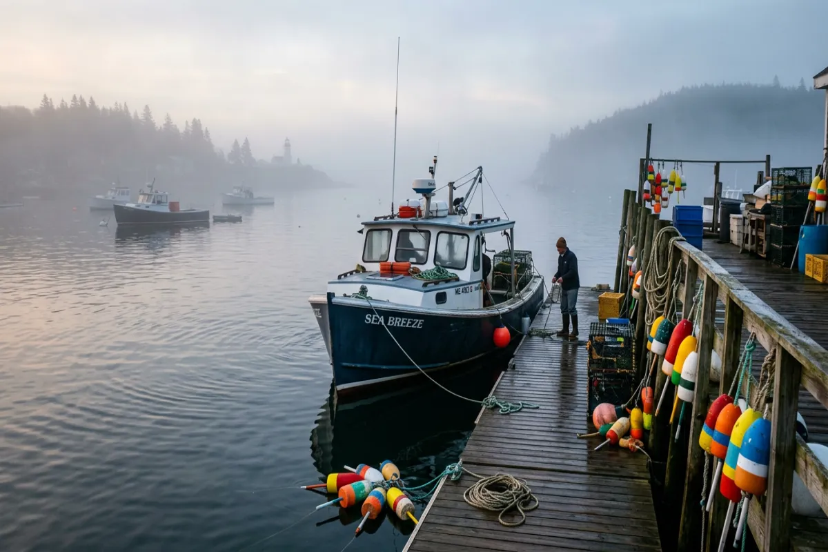 Maine itinerary highlight - lobster boat in a misty harbor