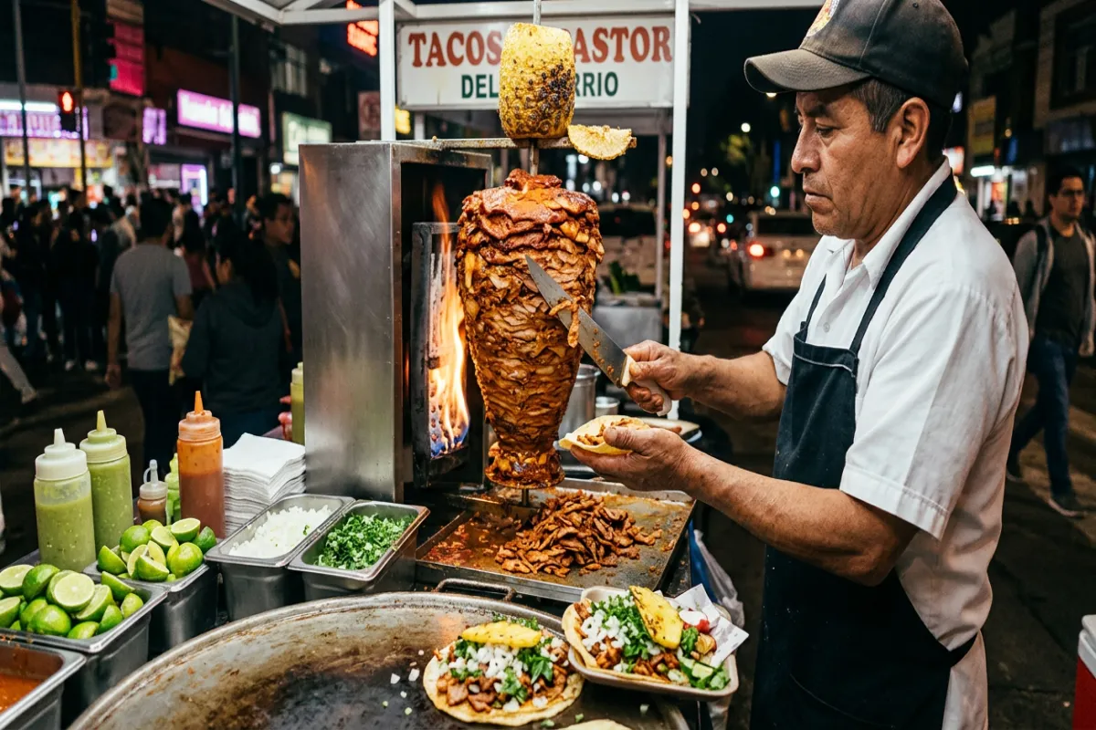 Mexican tacos al pastor - street food in Mexico