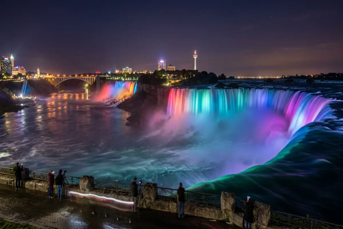 Niagara Falls illuminated at night - US vs Canada views