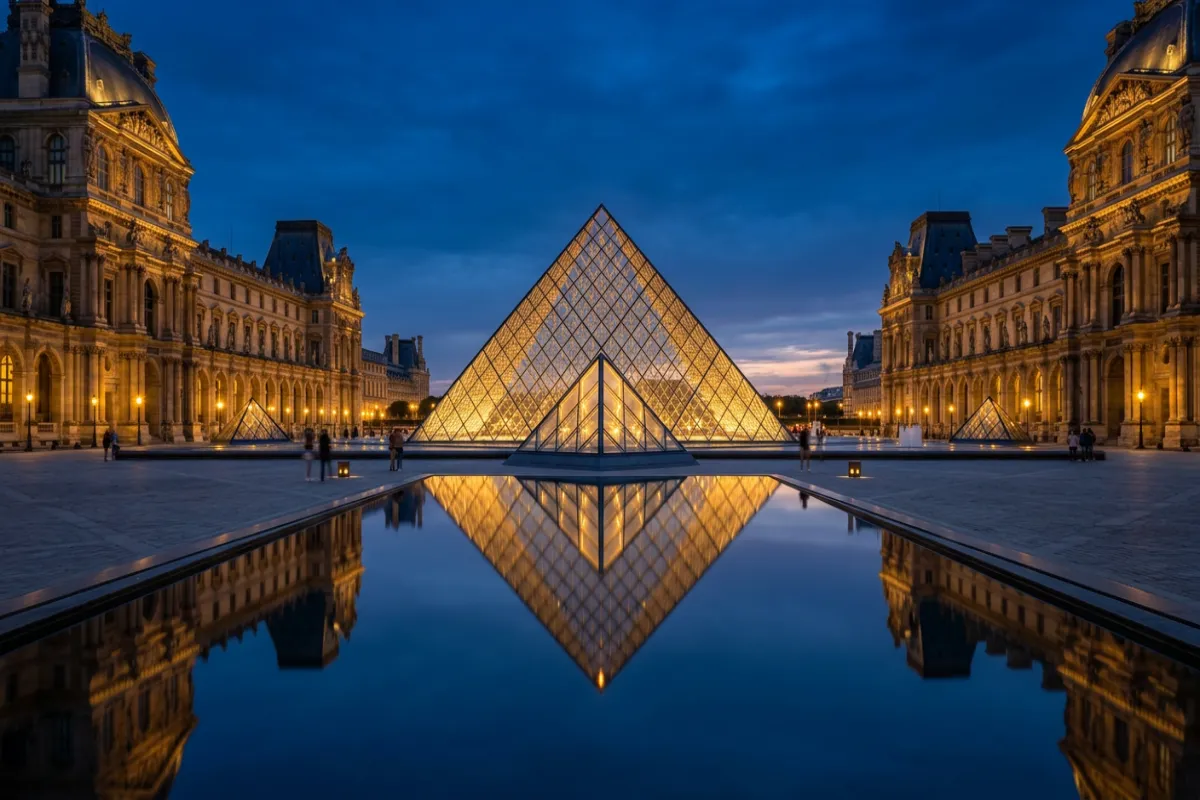 Louvre Museum pyramid at blue hour - must-see Paris attractions