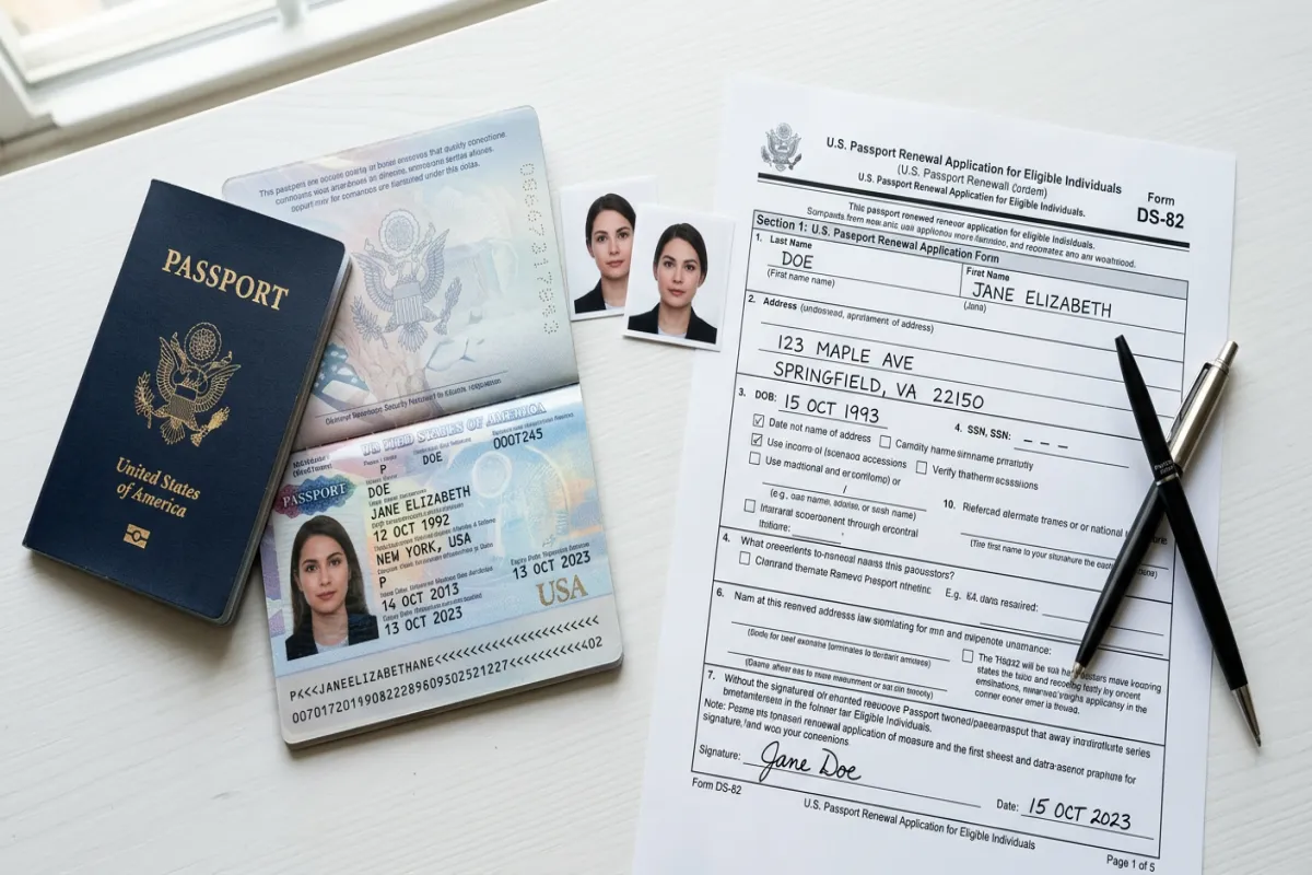 US passport application with form and passport photos