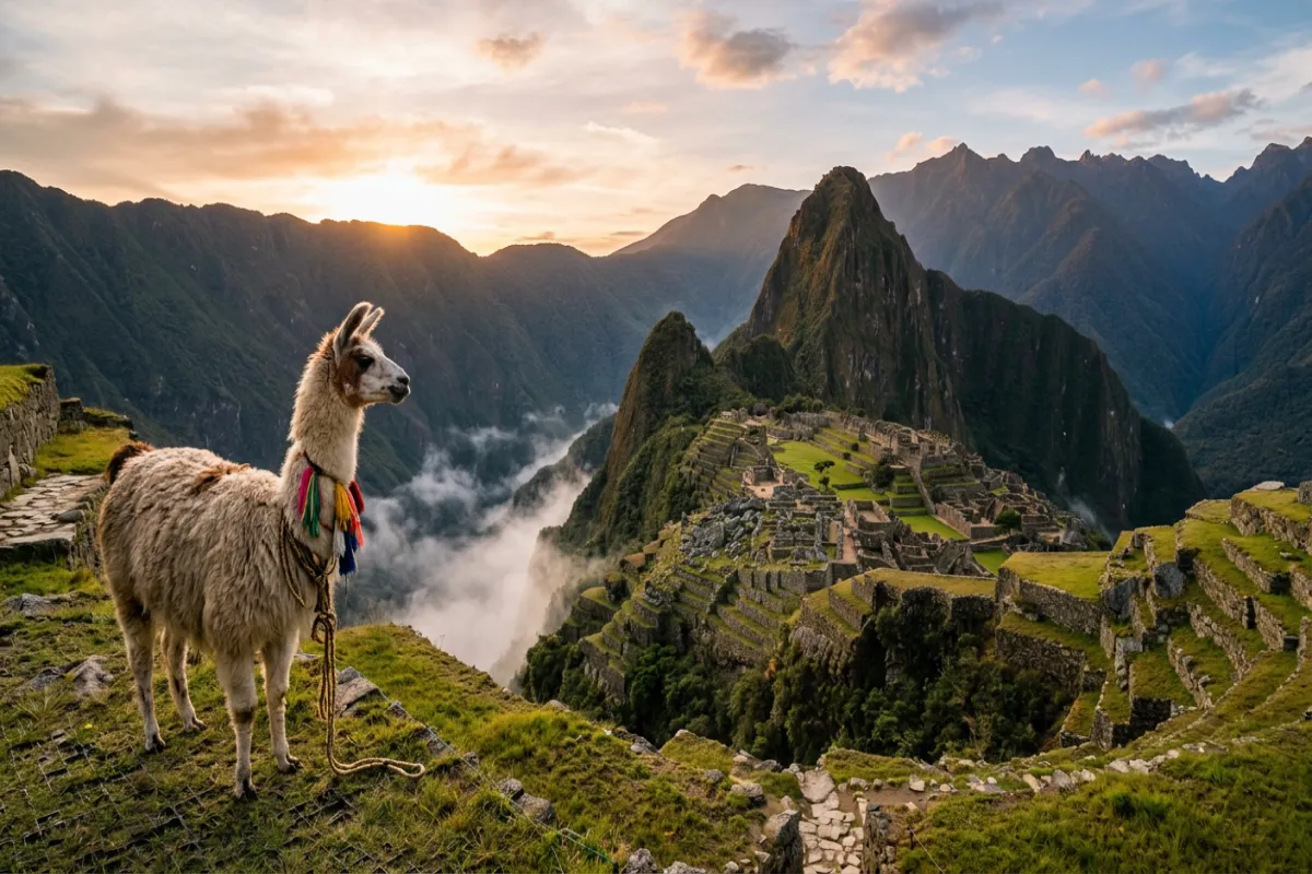 Machu Picchu sunrise with llama - must-see Peru
