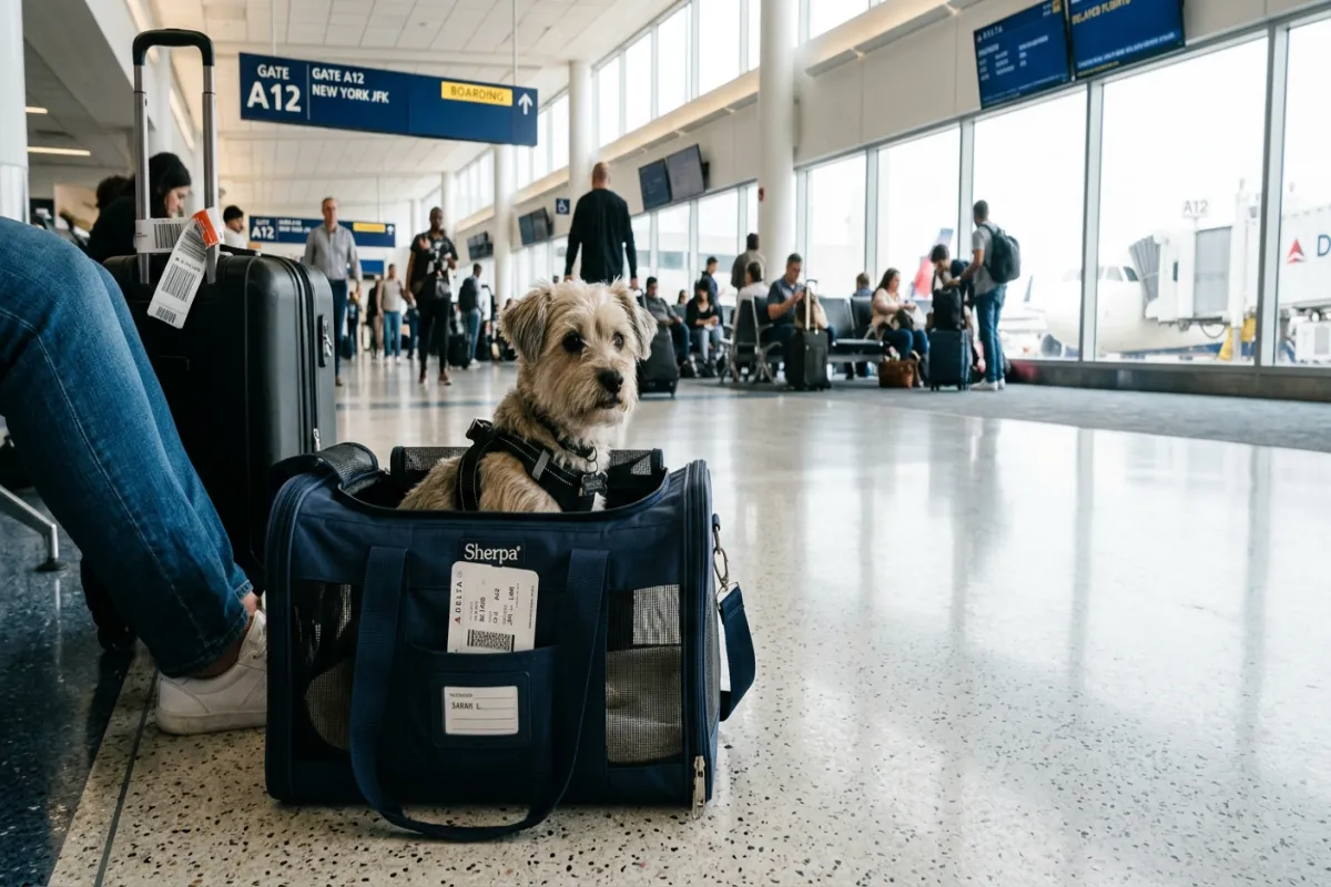 Dog in airline carrier at airport ready for pet travel