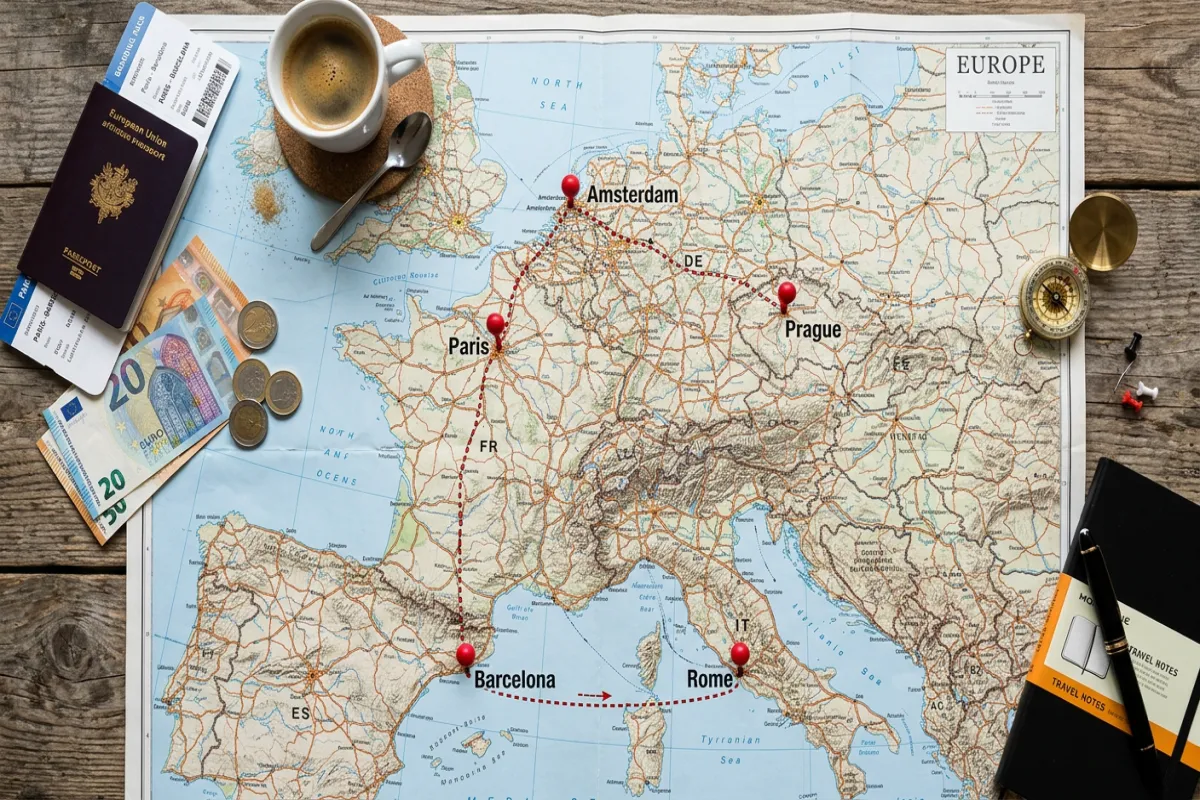Planning trip to Europe with map showing multi-city route