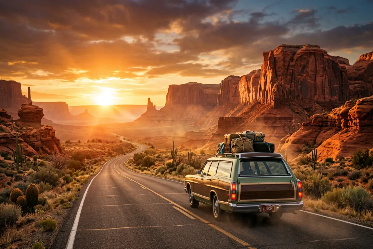 Road trip planner showing open highway through American desert