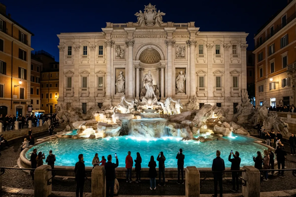 Rome itinerary highlight - Trevi Fountain illuminated at night
