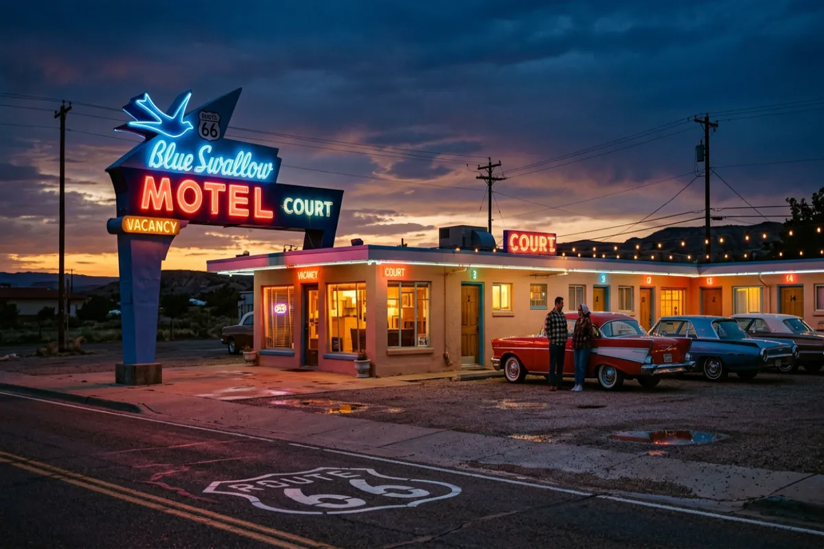 Classic Route 66 neon motel sign - where to stay