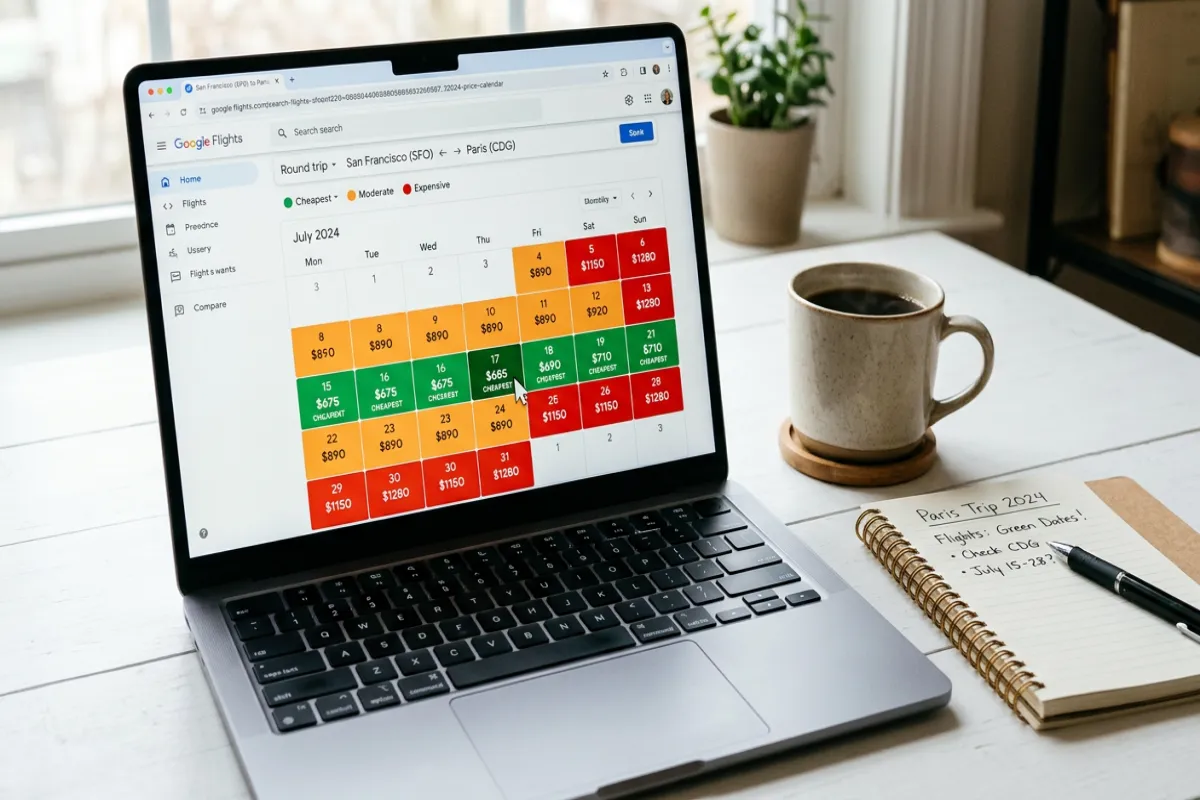 Finding cheap flights using Google Flights price calendar