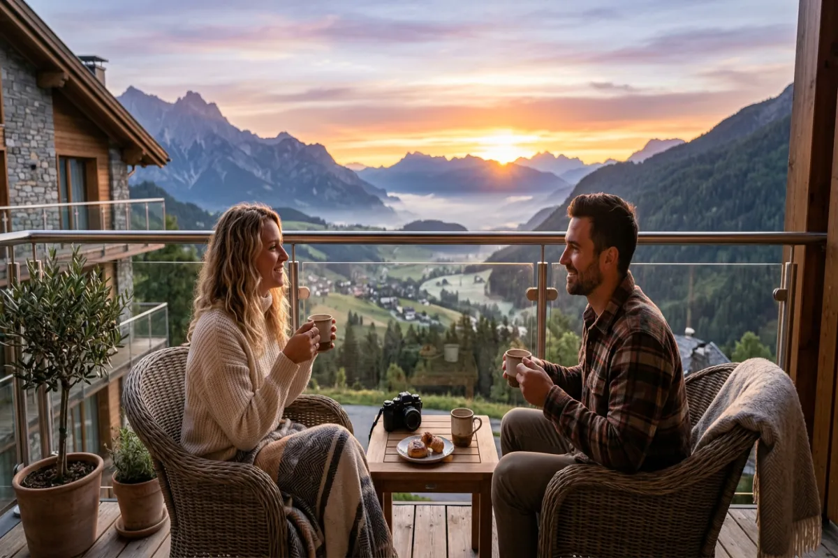 Couple enjoying hotel sunrise - making the most of a weekend trip
