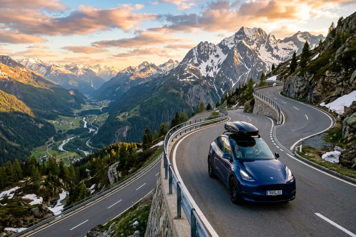 Tesla on scenic highway - best EVs for road trips