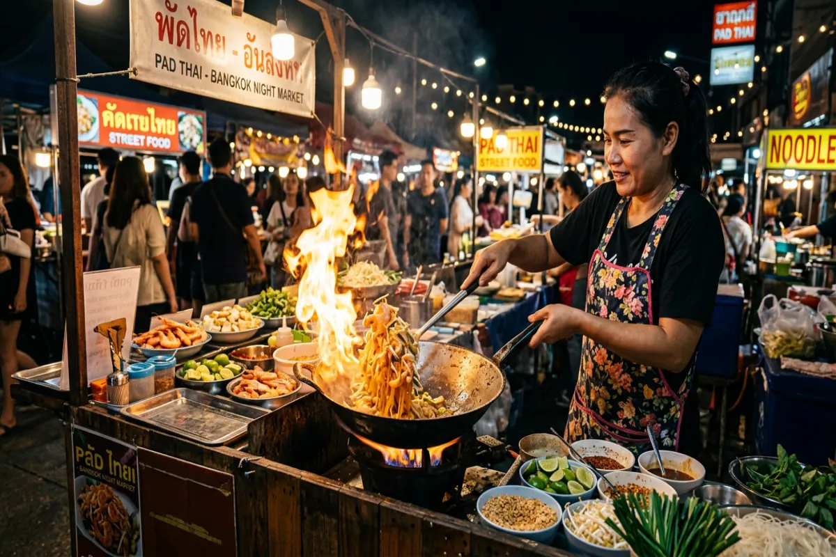 Thai street food pad thai at night market - eating in Thailand