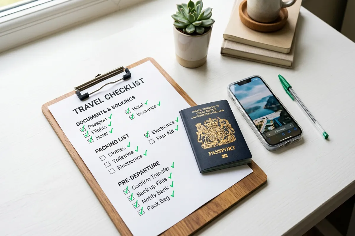 Travel planning checklist with items checked off