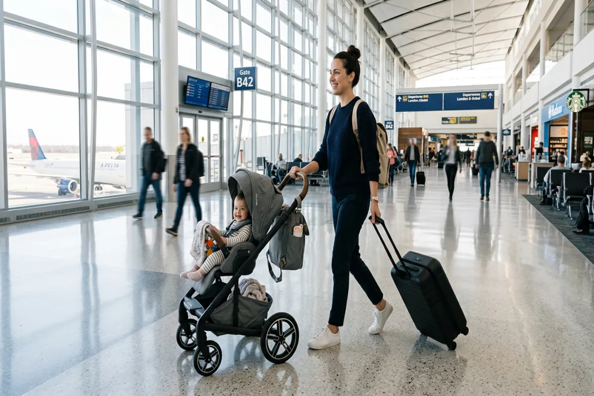 Parent traveling with baby through airport with stroller
