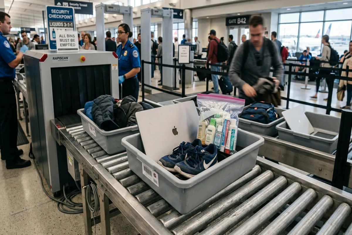 TSA security checkpoint with approved items in bins