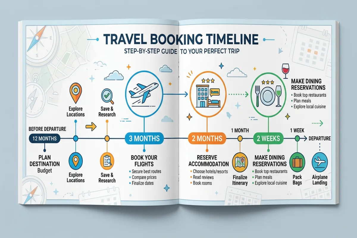 Travel booking timeline showing when to book flights hotels and activities