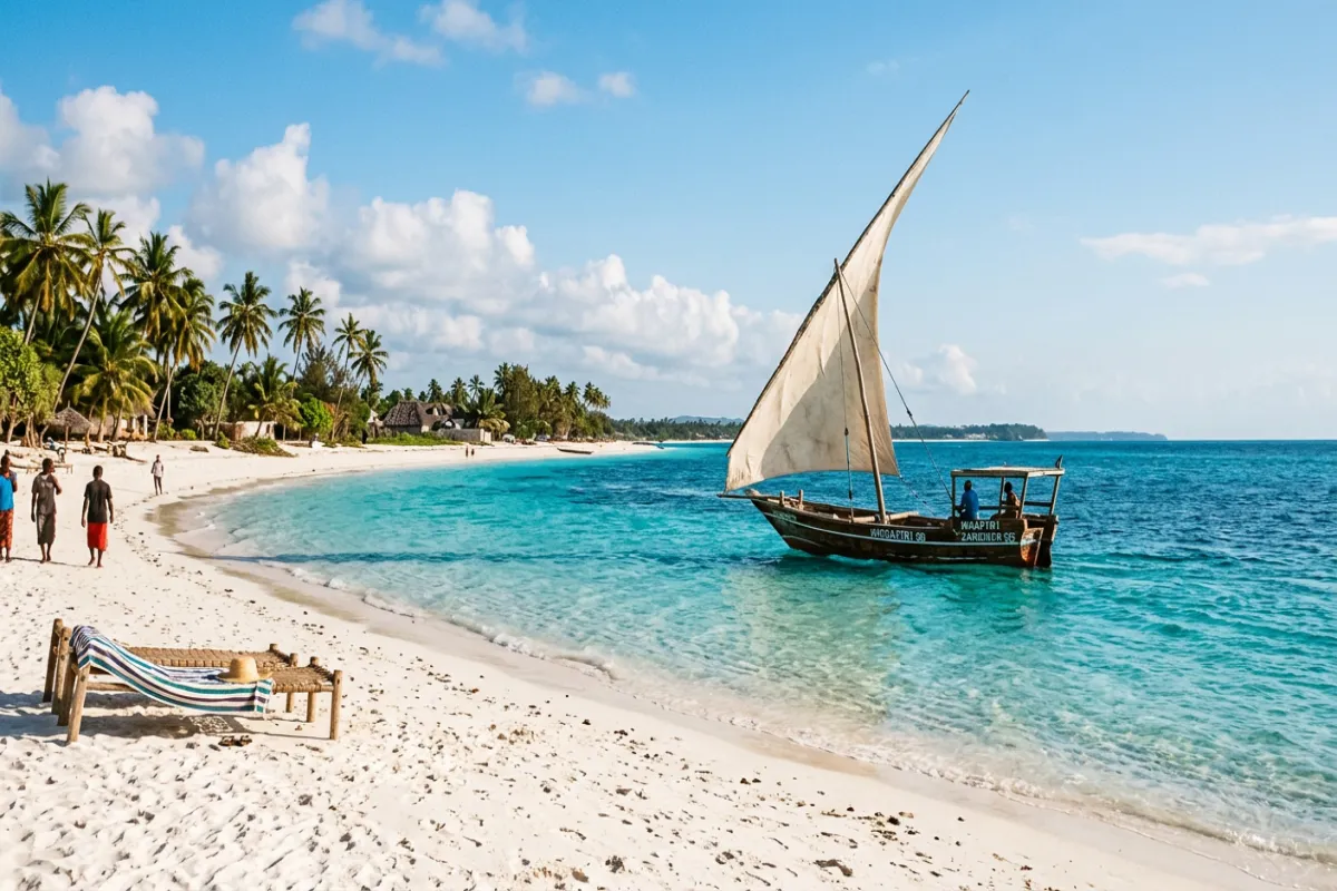 Zanzibar beach with dhow boat - African beach destinations